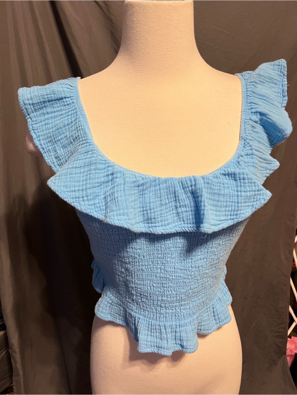 American Eagle Outfitters Light Blue Ruffle Smocked Crop Top